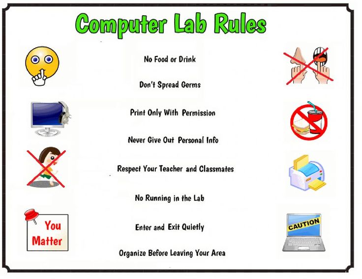 a computer lab rules poster with various symbols