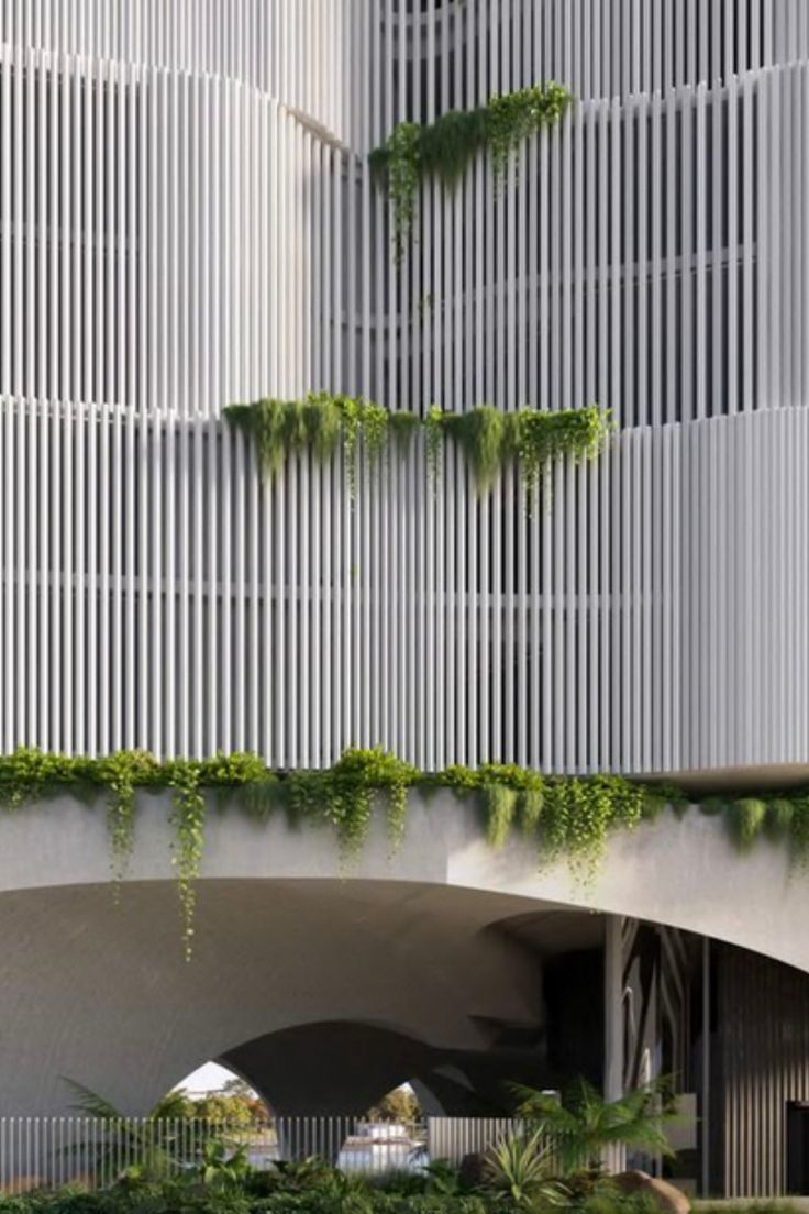 Artist's impression of proposed apartment building façade planned for Brisbane Facade With Plants, Curved Facade, Parking Lot Architecture, Atrium Design, Terrace Building, Classic Facade, Apartments Exterior, Brisbane River, Green Apartment