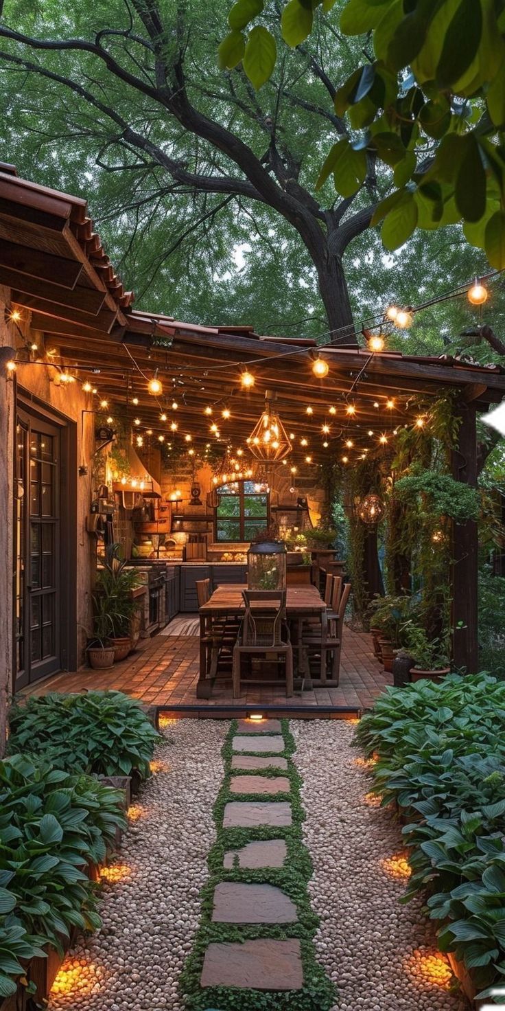 an outdoor patio with lights strung over it