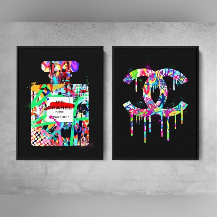 two chandelier posters hanging on the wall next to each other, one with dripping paint