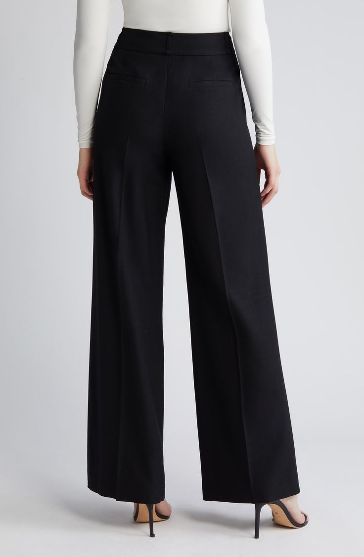 A sharp crease polishes minimally tailored pants you'll wear from work to weekend. Zip fly with hook-and-bar closure 98% viscose, 2% elastane Dry clean Imported Tailored Wide Leg Career Pants, Elegant Wide Leg Career Pants, Chic Career Straight Pants, Chic Straight Career Pants, Elegant Wide-leg Career Pants, Chic Straight Leg Career Bottoms, Tailored Wide Leg Dress Pants For Career, Business Straight Pants With Elastane, Full Length Dress Pants With Belt Loops For Work