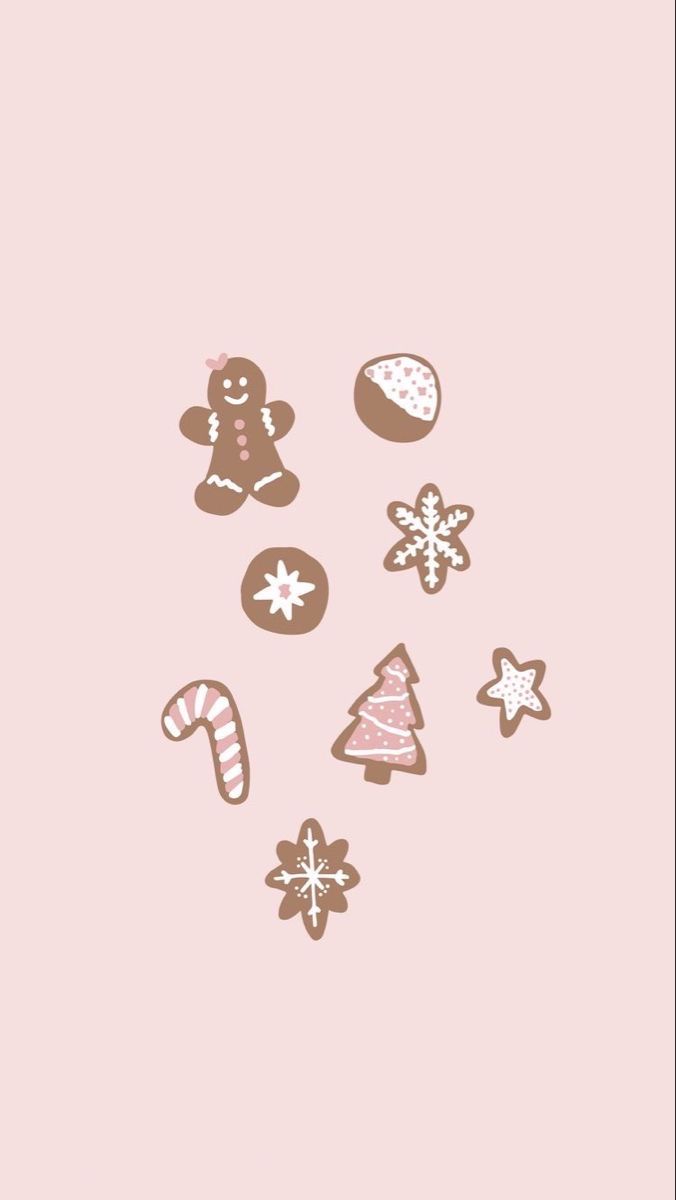 a pink background with gingerbreads, christmas cookies and candy canes on it