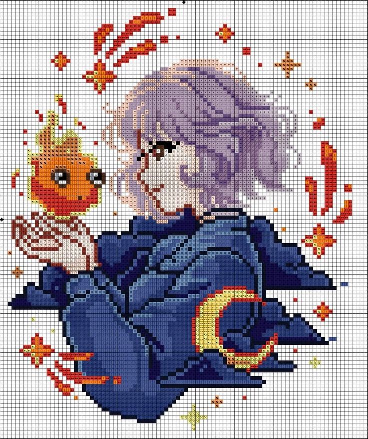 Cross Stitch Patterns Studio Ghibli, Howls Moving Castle Cross Stitch Pattern, Cross Stitch Ghibli, Ghibli Perler Beads, Howls Moving Castle Cross Stitch, Pixel Art Ghibli, Ghibli Cross Stitch Pattern, Pixel Art With Grid, Aesthetic Cross Stitch