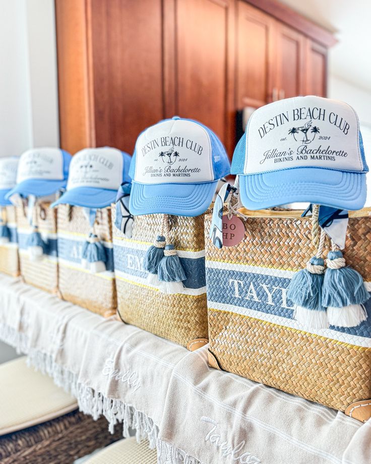 several hats are lined up on a table