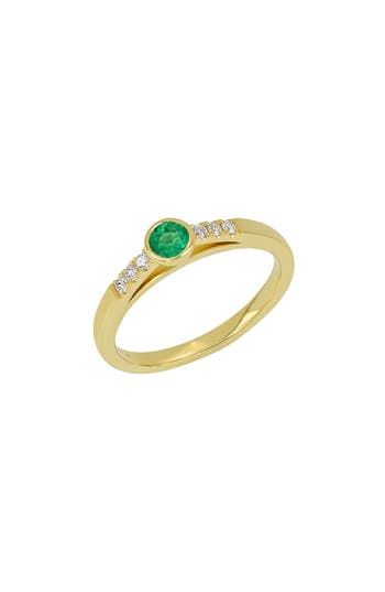 Dainty trios of round-cut diamonds draw the eye to the stunning bezel-set emerald atop this slender band cast in radiant 18-karat gold. 1/8" round setting Total emerald weight: 0.18ct. Total diamond weight: 0.09ct. Color: G Clarity: VS 18k gold/emerald/diamond Made in the USA >Diamond Guide Emerald Channel Set Round Ring, Formal Emerald Ring With Channel Set Round Cut, Green Diamond Ring With Bezel Setting, Green Diamond Ring With Bezel Setting In Round Cut, Green Diamond Ring With Bezel Setting, Round Cut, Formal Channel Set Round Cut Emerald Ring, Luxury Emerald Ring With Diamond Channel Set, Luxury Emerald Diamond Ring With Channel Set, Round Emerald Ring Channel Set Fine Jewelry