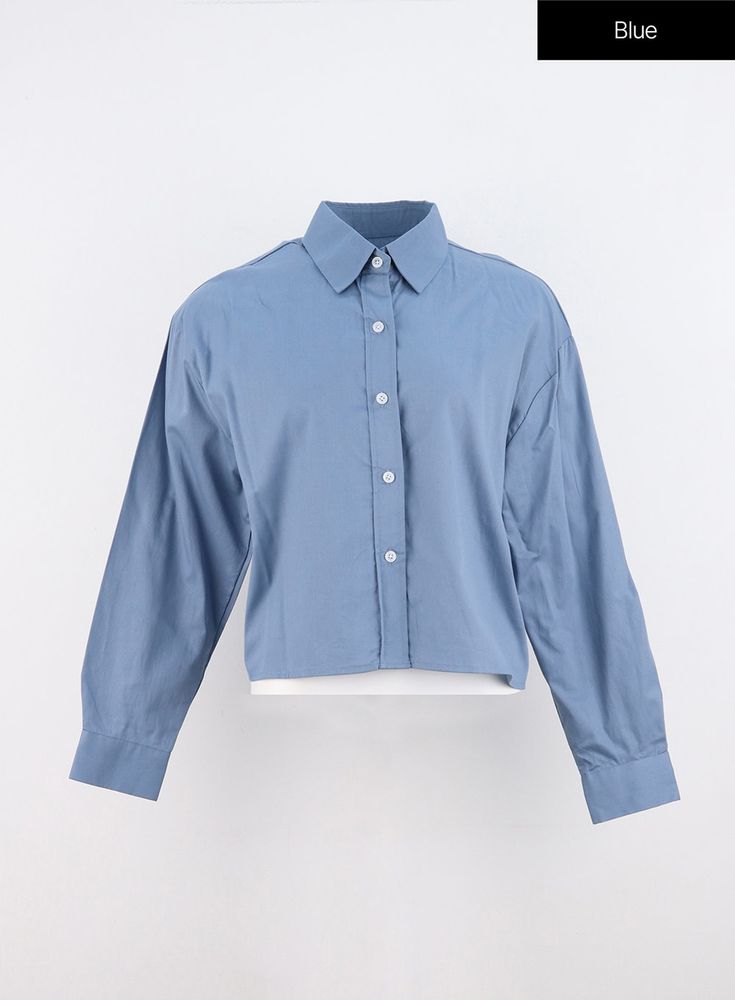 crop-buttoned-blouse-oo325 / Blue Casual Blue Button-up Cropped Shirt, Blue Cotton Collared Cropped Shirt, Blue Button-up Top With Placket, Washed Blue Button-up Top With Buttons, Button Crop Top, Blue 3/4 Sleeve Blouse With Button Closure, Sleeveless Vest, Perfect Woman, Solid Black