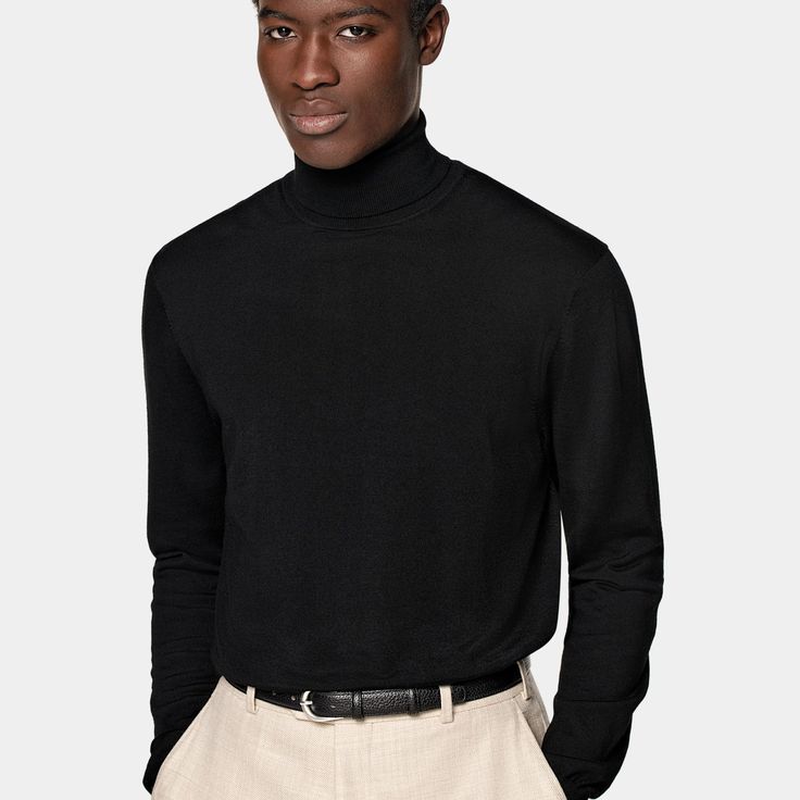 An era-transcending style icon of creatives and creators, the black turtleneck is a true wardrobe essential that's never out of style. This classic layering piece features a ribbed hem and tapered cuffs. Classic Black Turtleneck For Fall, Black Classic Funnel Neck Turtleneck, Black Classic Turtleneck, Black Turtleneck Sweater For Work, Classic Black Turtleneck Sweater, Modern Funnel Neck Turtleneck For Work, Classic Black Turtleneck Top, Black Turtleneck With Ribbed Cuffs For Work, Elegant Black Turtleneck With Ribbed Cuffs