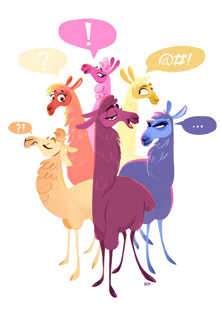 a group of llamas with speech bubbles above their heads and on their backs