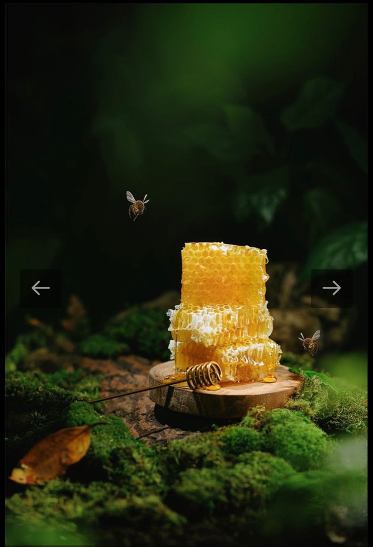 a beehive made out of honey sits on a piece of wood with bees flying around it