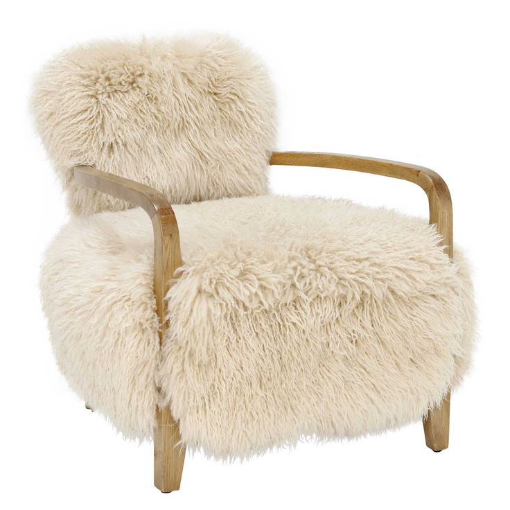 the chair is made out of wood and sheepskin