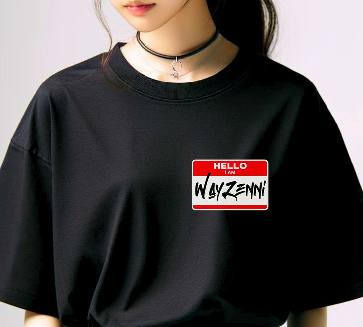 a woman wearing a black shirt with a red and white license plate on it