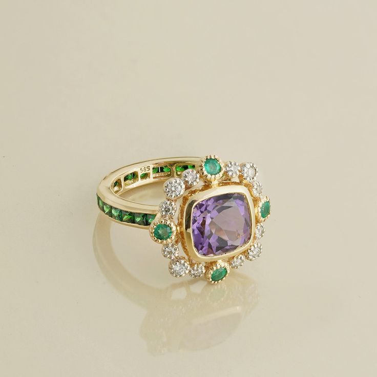 Gold(14K) : 5.08g Brilliant cut Diamonds : (VS clarity & H-I colour) : 0.19ct Gemstones : Emerald, Creative Ruby, Amethyst: 3.54ct Luxury Multicolor Amethyst Ring In Fine Jewelry Style, Amethyst Ring Designs, Luxury Amethyst Ring With Intricate Design, Unique Collectible Amethyst Ring, Luxury Collectible Amethyst Ring, Gold Amethyst Ring, Fine Jewelry Collectible, Georgian Ring, Amethyst Ring Vintage, Tanzanite Earrings