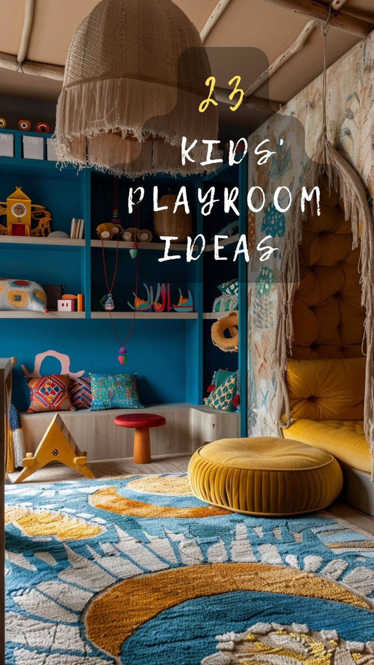 the kids'playroom is decorated in bright colors and has an area rug with fringes on it