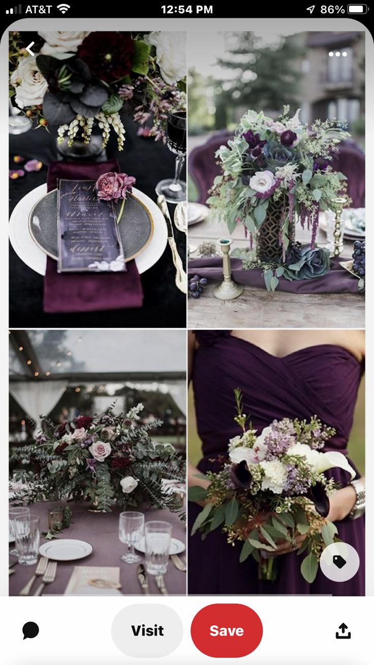 an iphone photo collage with purple and white flowers, greenery, and silverware