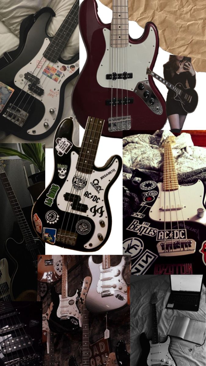 many different guitars are shown together in this collage