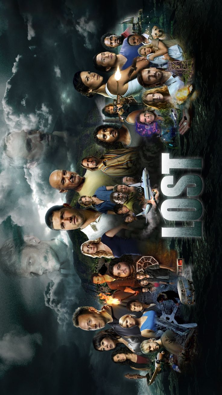 the cast of lost in space from left to right, are surrounded by clouds and water