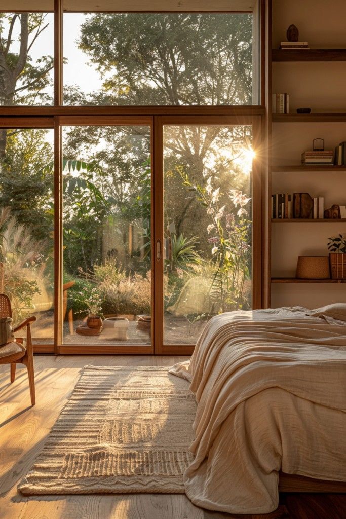 a bedroom with wooden floors and large windows overlooking the trees in the distance is lit by sunlight coming through glass doors