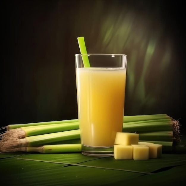 a glass filled with orange juice next to green stalks