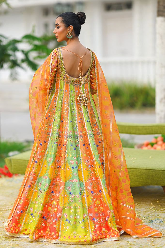 Nura – Sania Maskatiya International Green Slub Silk Dupatta With Mirror Work, Fusion Style Festive Silk Lehenga, Orange Chanderi Anarkali Set With Cutdana, Silk Orange Anarkali Set With Cutdana, Designer Orange Sharara With Sheer Dupatta, Orange Silk Sets With Cutdana, Orange Silk Sets With Cutdana Details, Fusion Silk Sets For Festivals, Unstitched Orange Anarkali Set With Gota Work