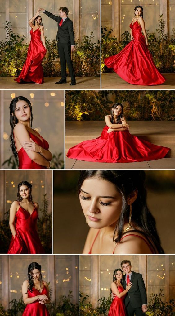 a woman in a red dress posing for pictures