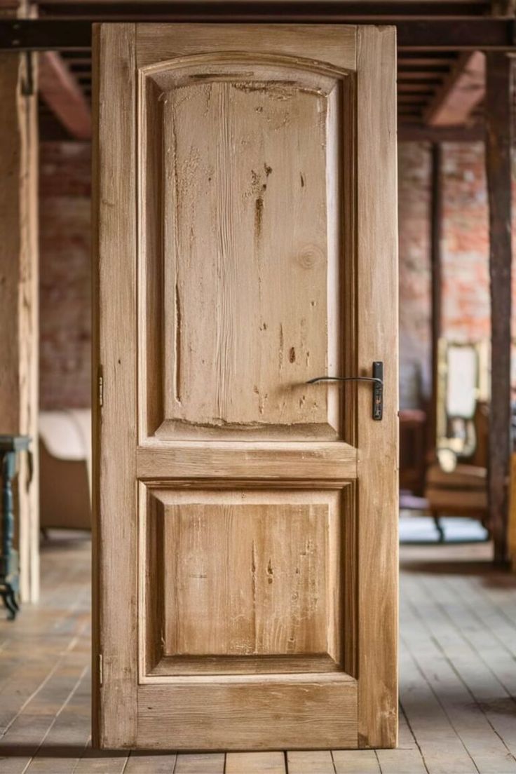 an open wooden door on the floor in a room with brick walls and wood floors