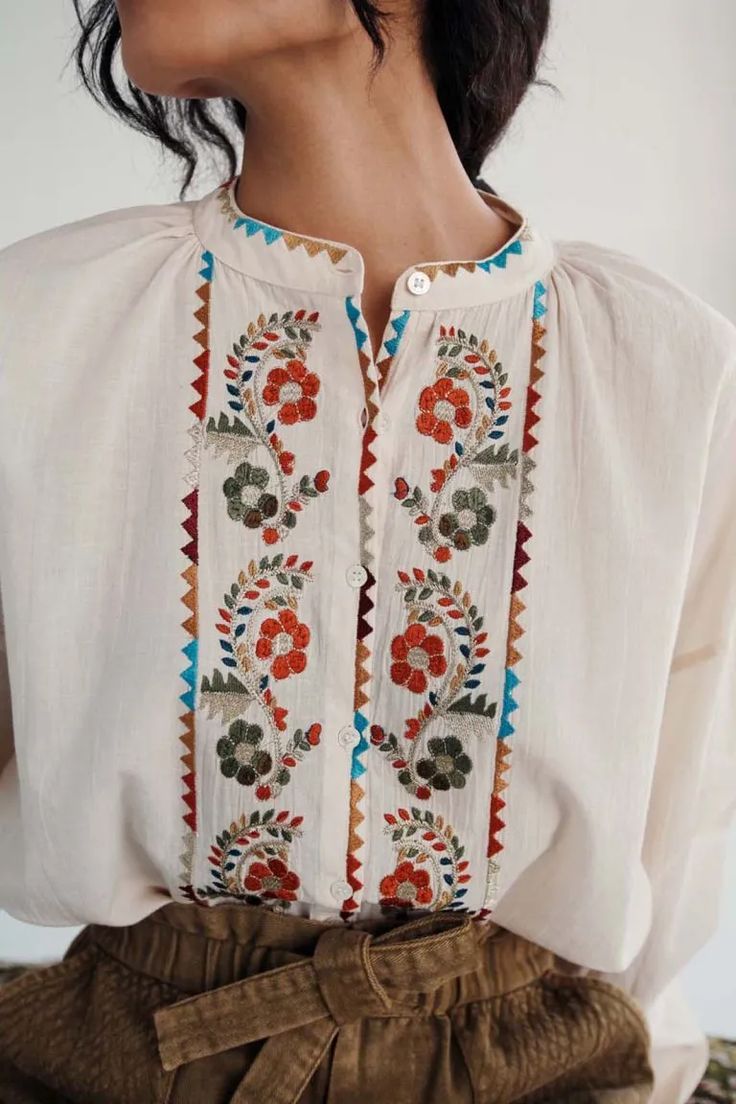 Shirts & Blouses | Woman | Louise Misha Fabric Paint Diy, Japan Outfit, Shirt Blouses Women's, Louise Misha, Winter 23, Western Tops, Bohemian Blouses, Cream Blouse, Design Seeds