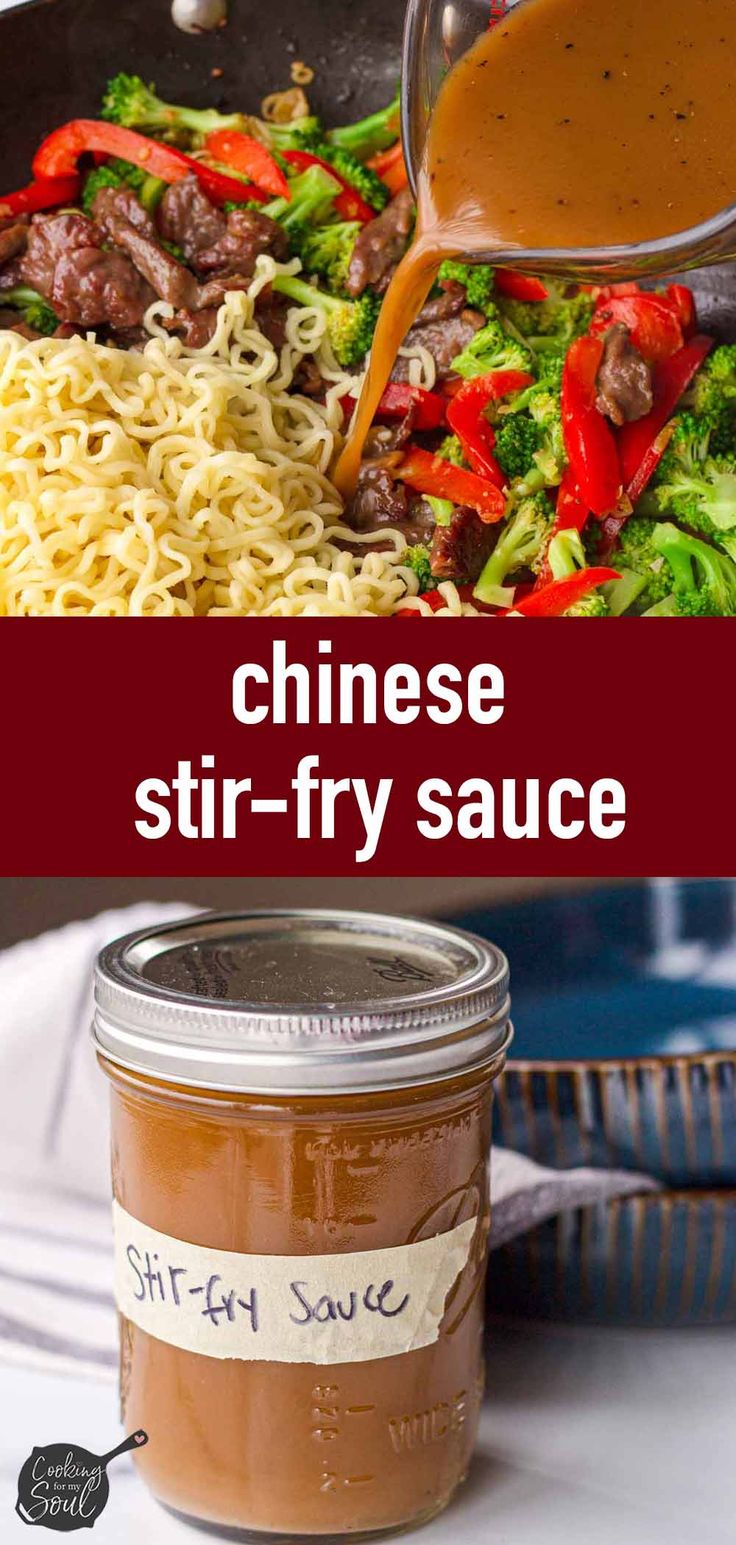 chinese stir fry sauce in a jar with noodles and broccoli on the side