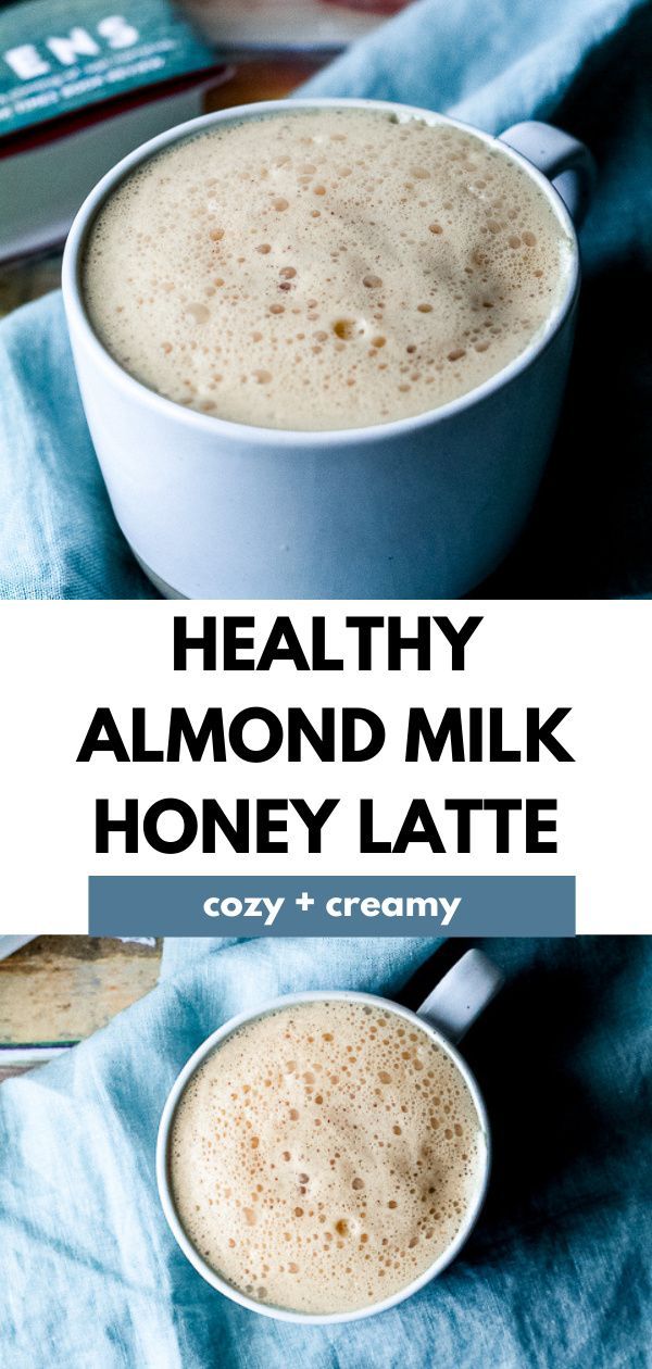 two mugs of healthy almond milk on a blue towel with text overlay that reads, healthy almond milk honey latte cozy and creamy