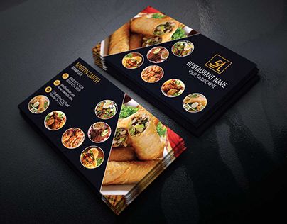 two business cards with different food items on the front and back side, sitting on a black surface