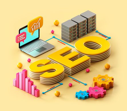 the word seo is surrounded by colorful objects and data on a yellow background with an open laptop