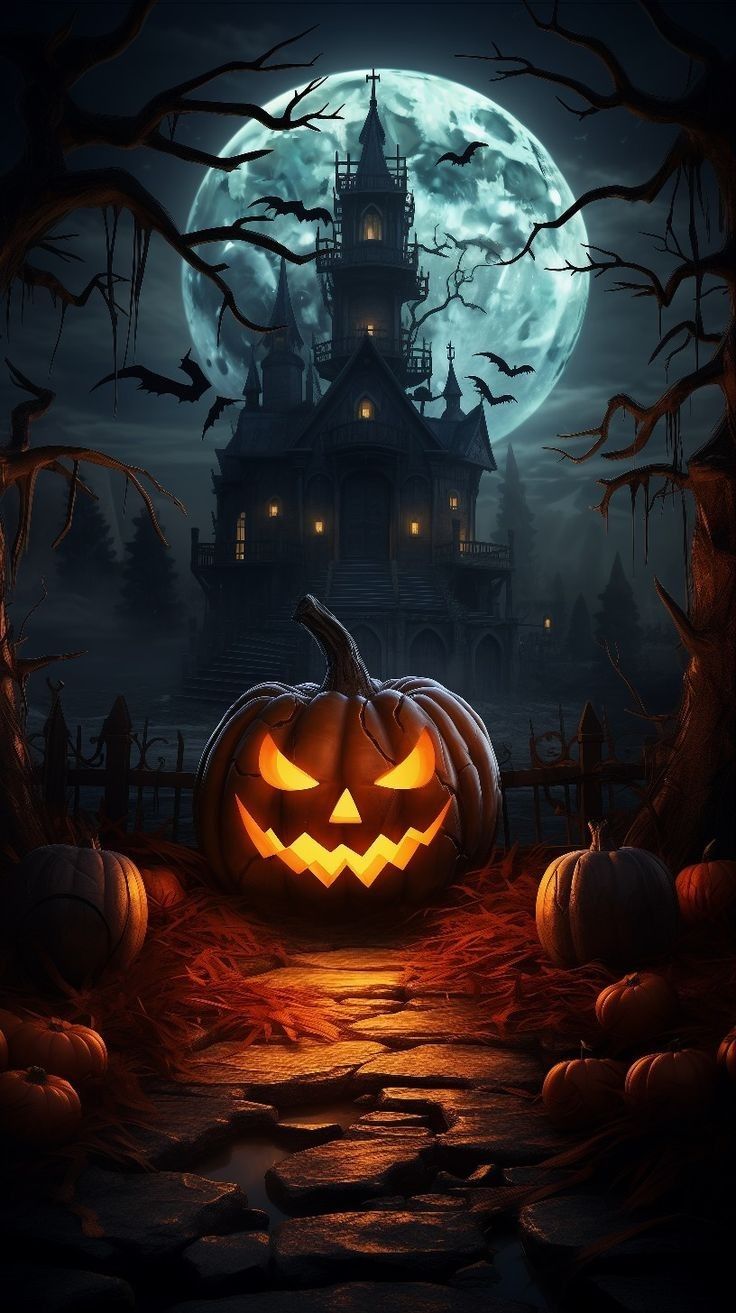 a halloween pumpkin sitting in front of a castle with the moon shining down on it