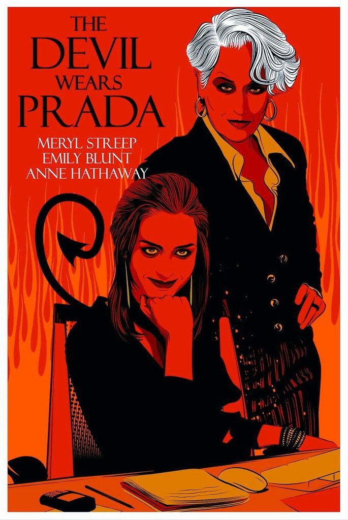 the devil wears prada movie poster with two women sitting at a desk in front of an orange background