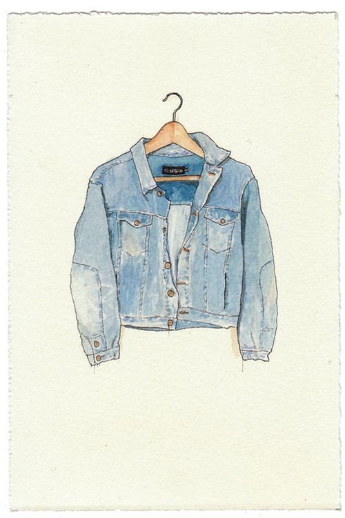 a drawing of a denim jacket hanging on a hanger with clothes pins attached to it