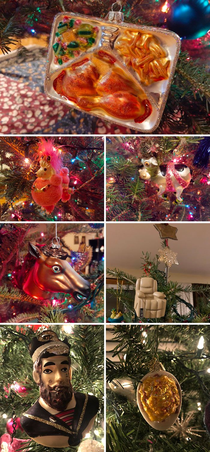 christmas decorations and ornaments are arranged on the tree in various pictures, including an ornament