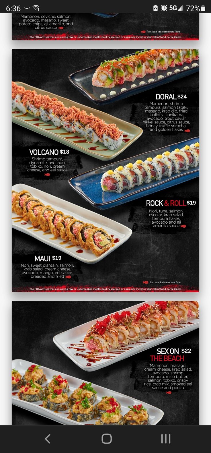 a menu with different types of sushi and other food items on the front page