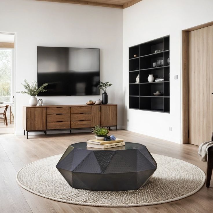 a living room with white walls and wood flooring has a large television on the wall