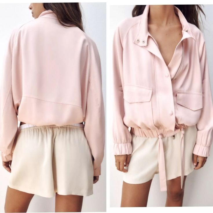 New Zara Women Pale Pink Flowy Bomber Jacket 100% Viscose Size M Snaps Zip Feminine Button-up Outerwear For Fall, Feminine Button-up Fall Outerwear, Chic Pink Outerwear With Pockets, Pink Long Sleeve Outerwear For Day Out, Zara Spring Long Sleeve Outerwear, Pink Long Sleeve Outerwear For Spring, Pink Long Sleeve Spring Outerwear, Chic Pink Tops With Pockets, Pink Summer Outerwear For Day Out