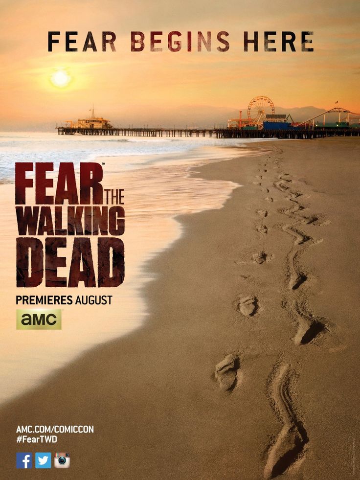 an advertisement for fear the walking dead with footprints in the sand and a ferris wheel in the background