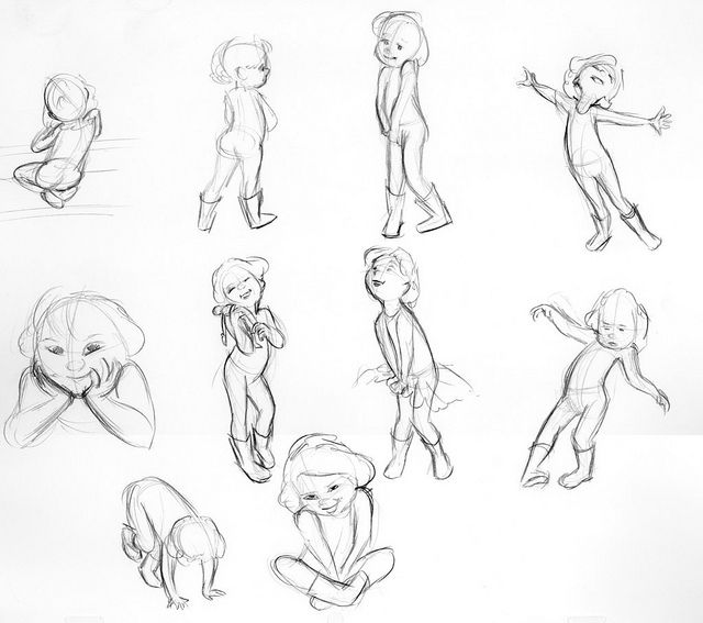 a bunch of cartoon character poses drawn in pencil