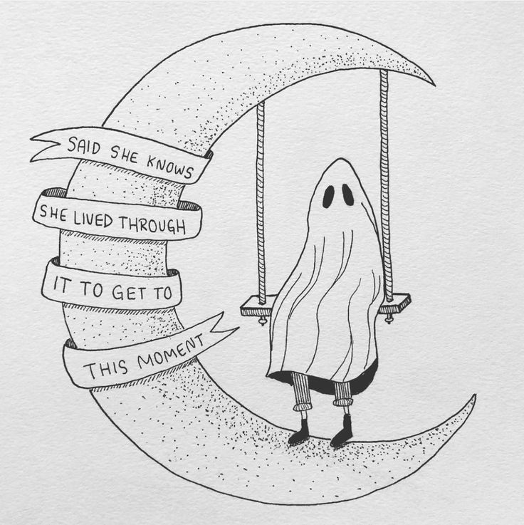 a drawing of a ghost swinging on a crescent moon with the caption said she knows she lived through it to get to this moment