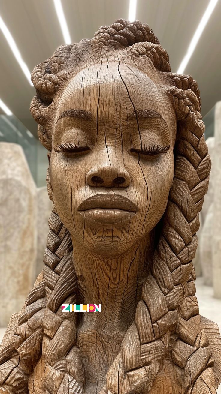 a wood carving of a woman's face with braids on her hair and eyes closed