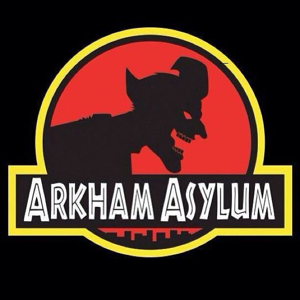 the arkham asylm logo on a black background with red and yellow colors