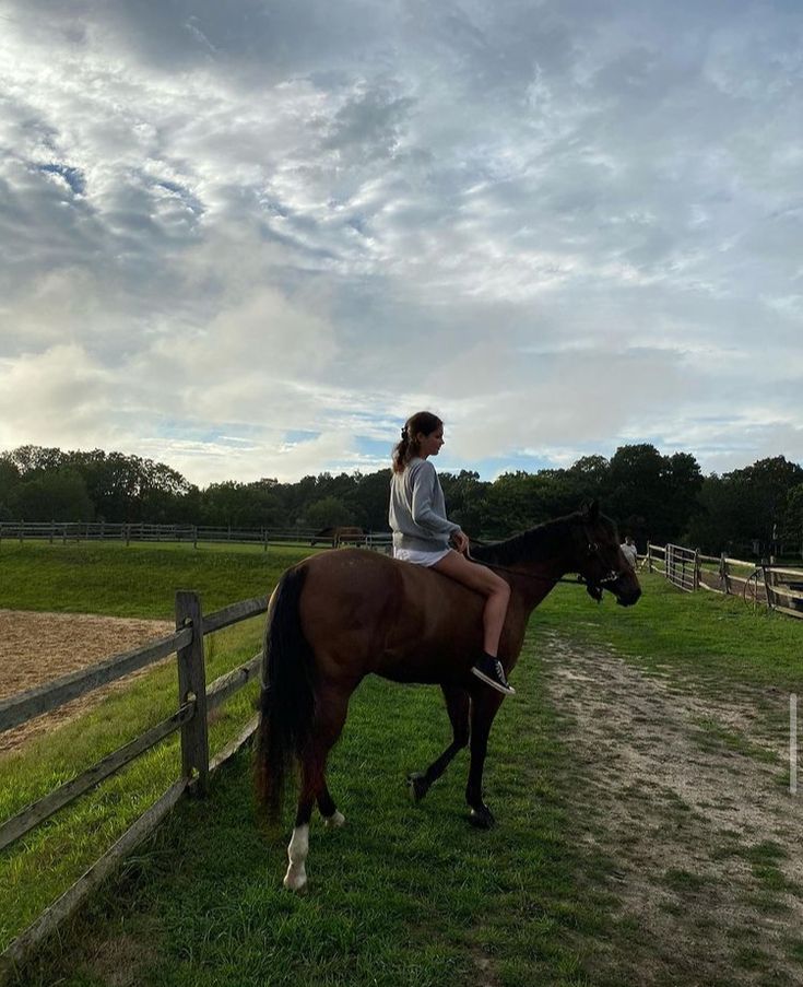 a woman riding on the back of a brown horse across a lush green field next to a wooden fence