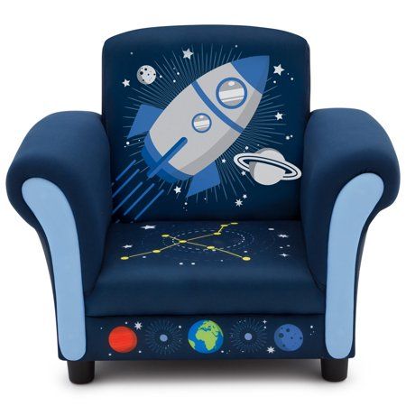 a kid's blue chair with an outer space theme on the armrests