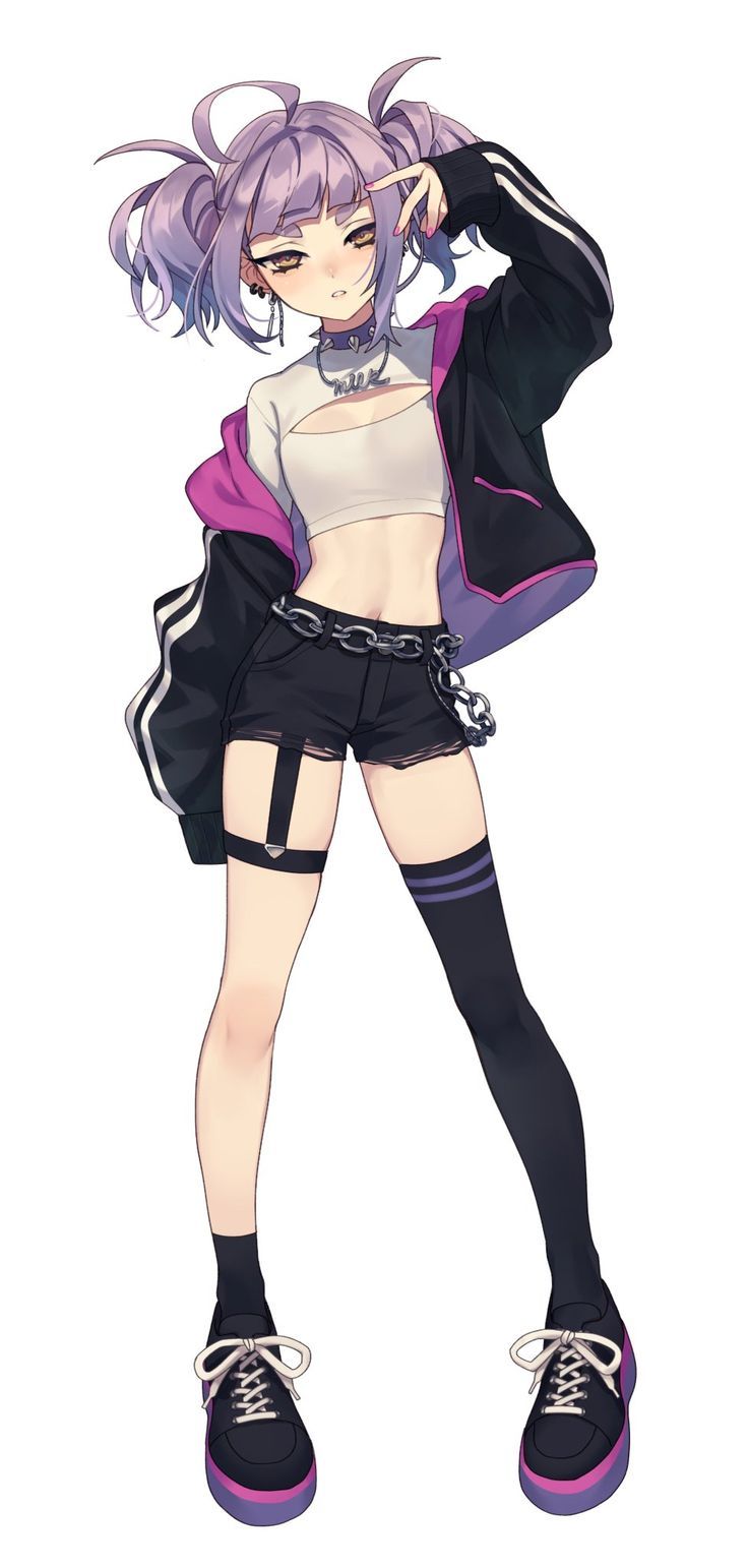 an anime character with purple hair and black shorts