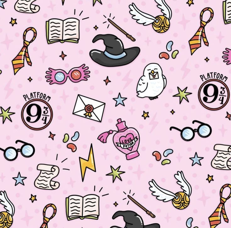 a pink background with harry potter symbols