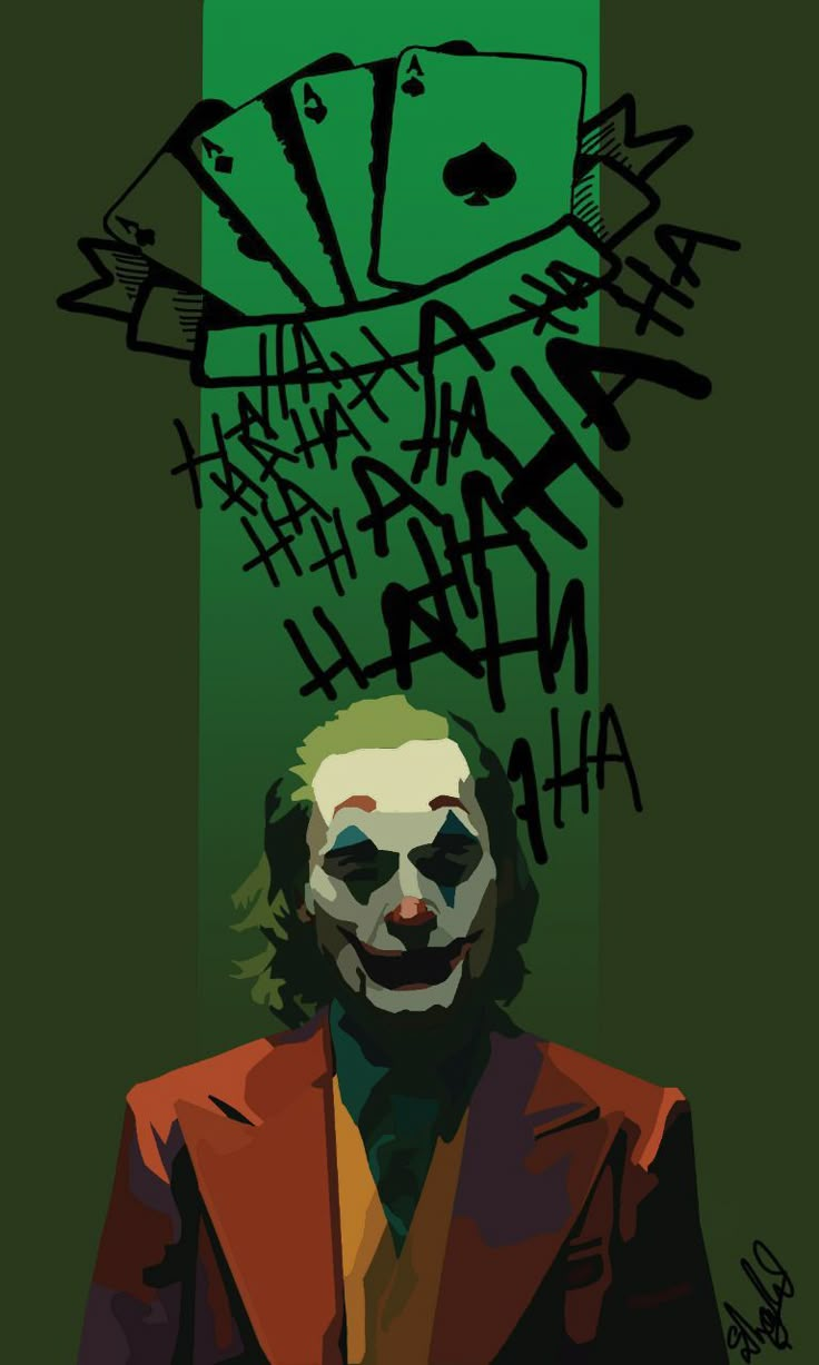 the joker poster has been altered to look like he is playing cards with his clown face