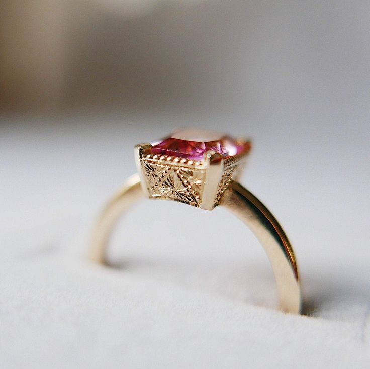 Carolina Tourmaline Ring, Pink tourmaline ring, tourmaline ring, pink wedding ring, statement pink engagement ring 14k Gold Sapphire Ring With Radiant Cut For Wedding, Elegant Radiant Cut Birthstone Ring For Wedding, Elegant Radiant Cut Birthstone Wedding Ring, Elegant Pink Gold Rings With Accent Stones, Elegant Tourmaline Rings With Accent Stones, Elegant Sapphire Promise Ring With Bezel Setting, Elegant Sapphire Ring With Bezel Setting For Promise, Elegant Emerald Cut Tourmaline Ring, Elegant Emerald-cut Tourmaline Ring