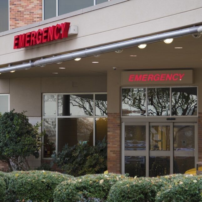 the front entrance to an emergency office building