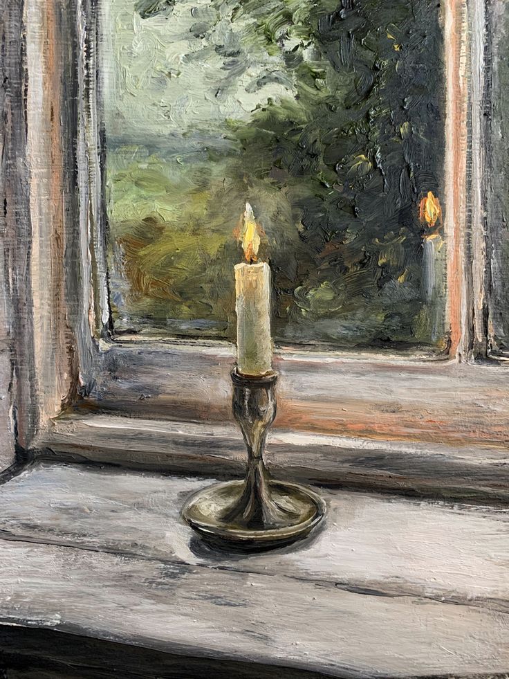 a painting of a candle on a window sill